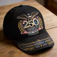 250 America Patriotic Baseball Cap with Bald Eagle & USA Flags 1776-2026 - Adjustable Unisex Hat Suitable for Parades