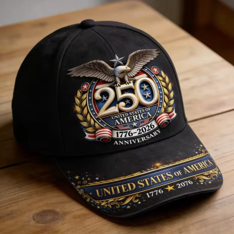 250 America Patriotic Baseball Cap with Bald Eagle & USA Flags 1776-2026 - Adjustable Unisex Hat Suitable for Parades